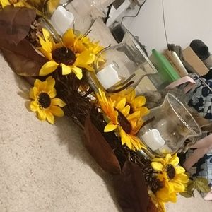 Artificial fall sunflower and candle arrangement